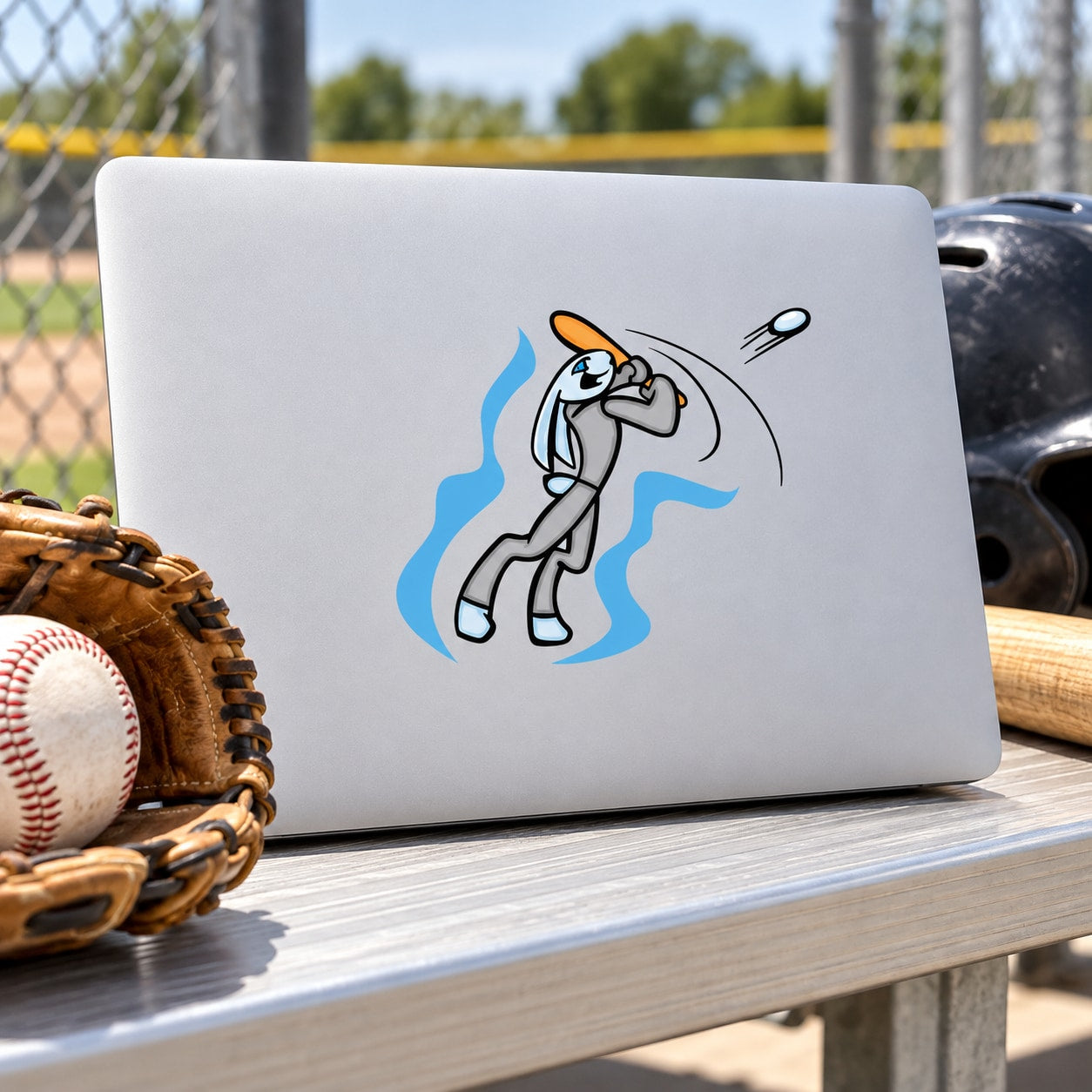 Baseball mascot sticker of a white character with blue flame, swinging a bat