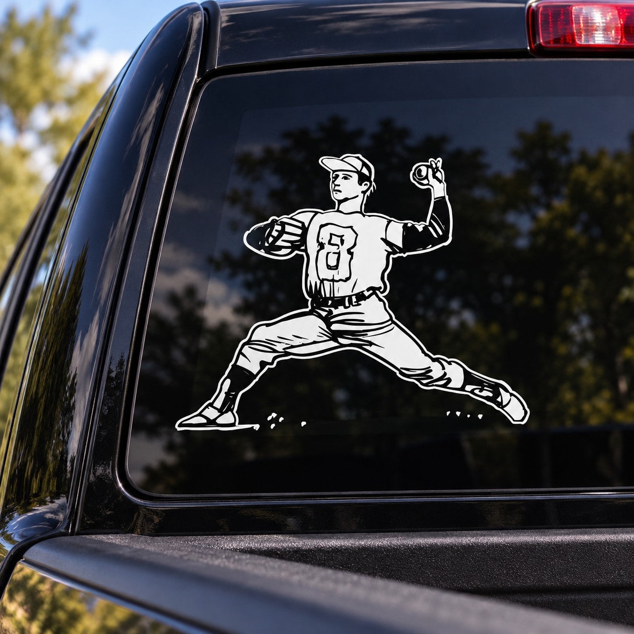 Baseball pitcher decal: white outline player throwing stance on car window