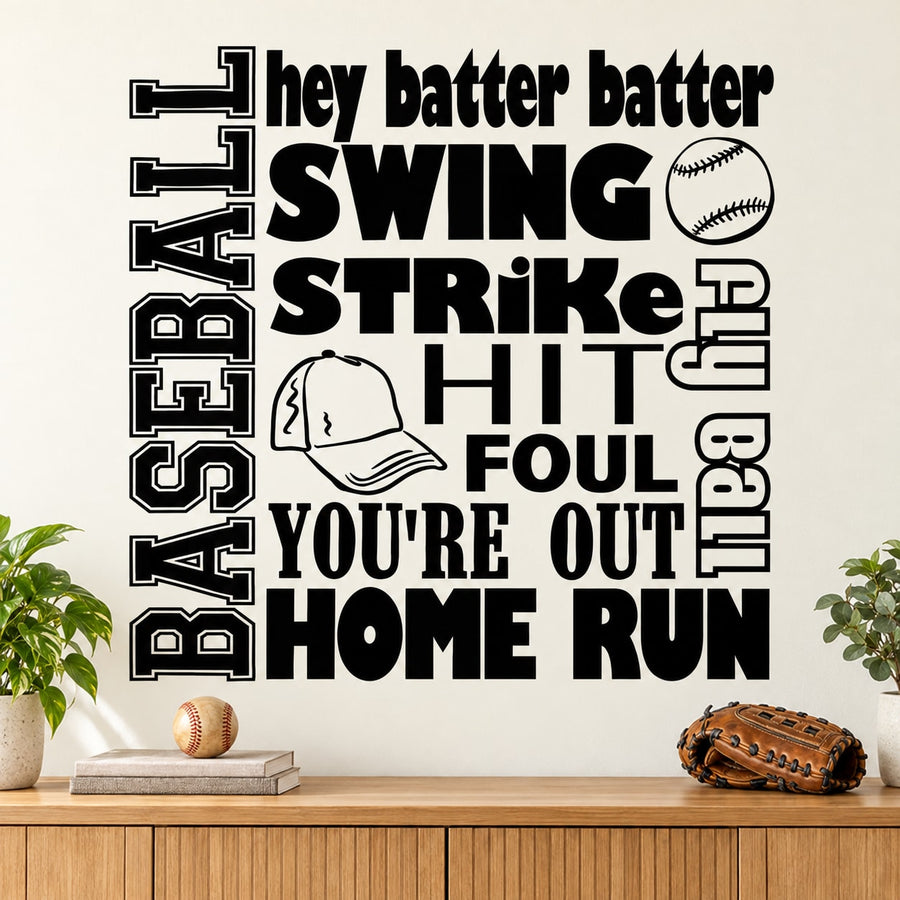 Baseball quote wall decals with hey batter swinging strike hit foul out home run text