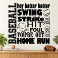 Baseball quote wall decals with hey batter swinging strike hit foul out home run text
