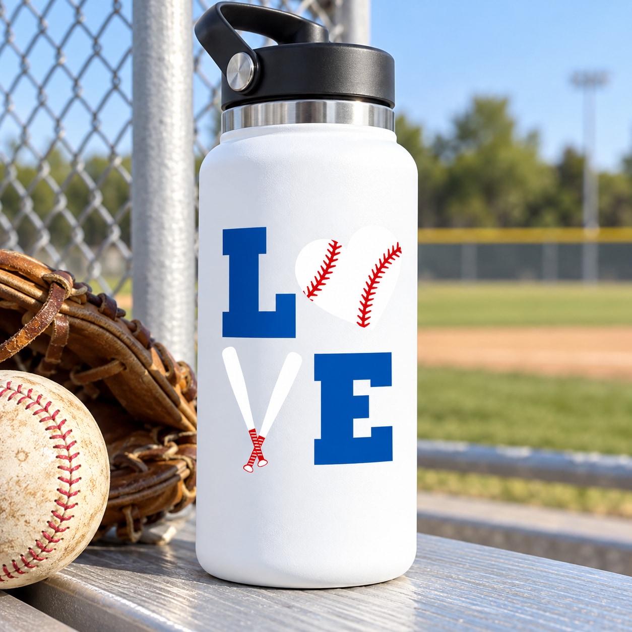 White water bottle with blue letters and red baseball-themed stickers