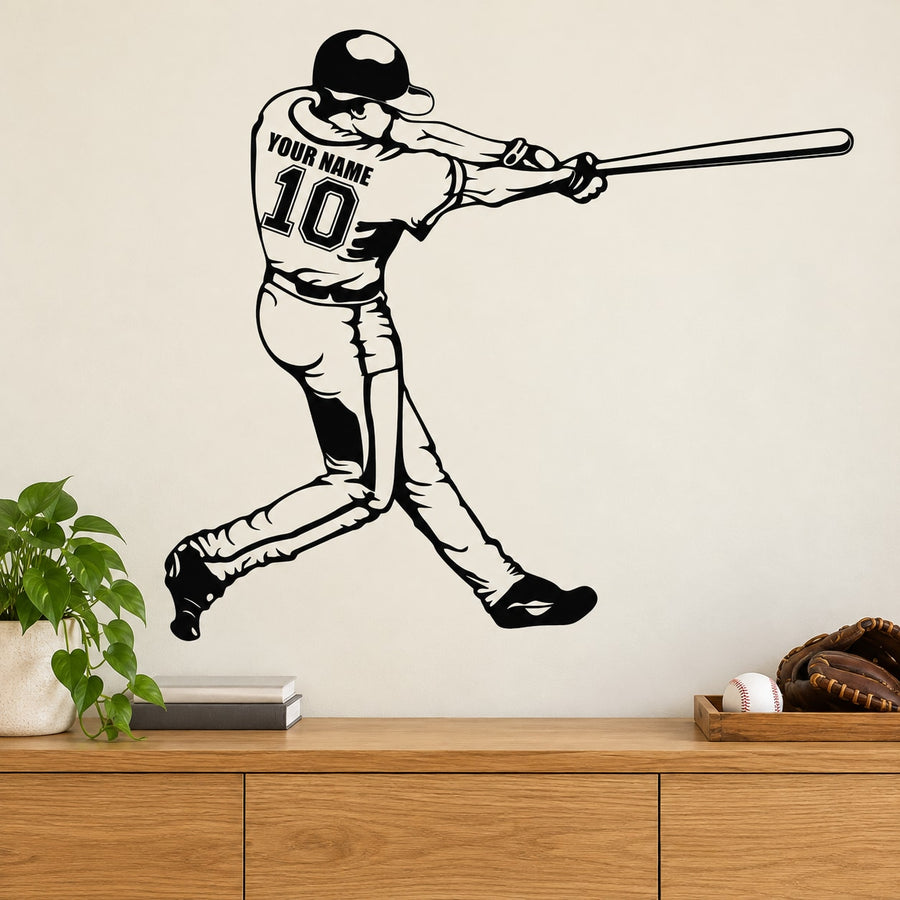 Baseball batter wall decal in batting pose with bat, jersey, and number area
