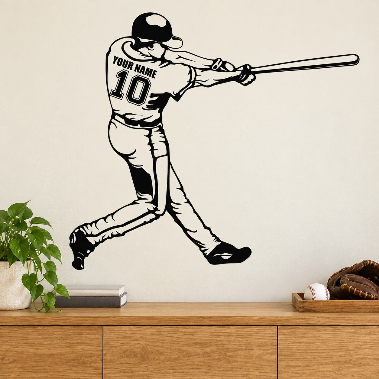 Baseball batter wall decal in batting pose with bat, jersey, and number area