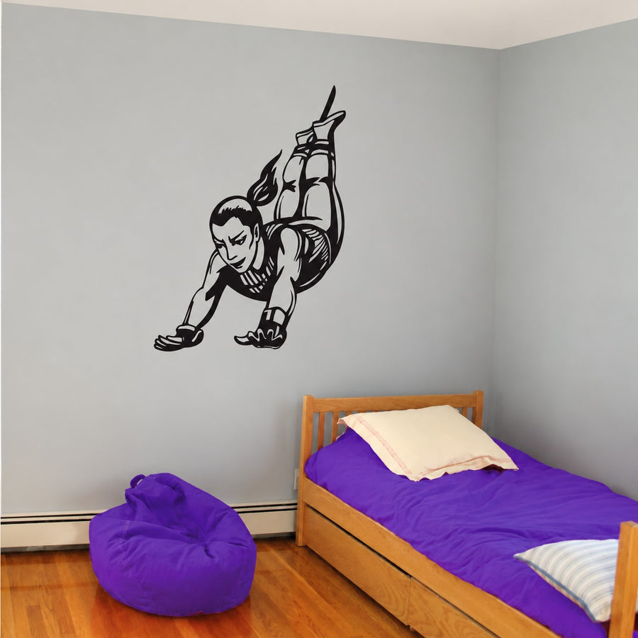 Black outline female bungee jumping wall decal, arched pose with hands overhead.