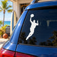 Basketball player silhouette decal for car window, white jumping figure holding ball