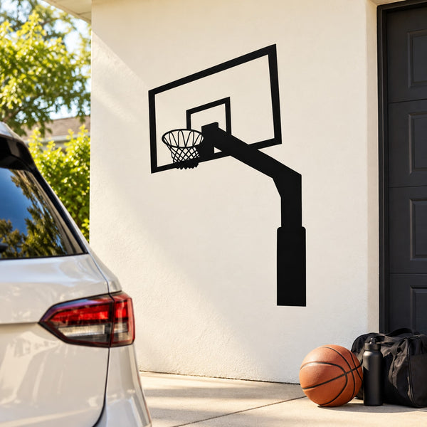 Basketball goal wall decal featuring a black hoop silhouette and net