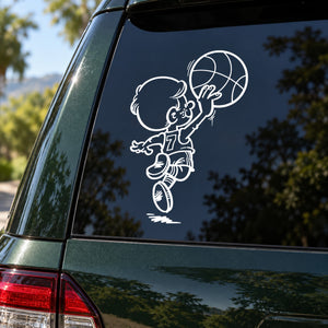 Basketball ball-toss boy decal in white line art on dark surface