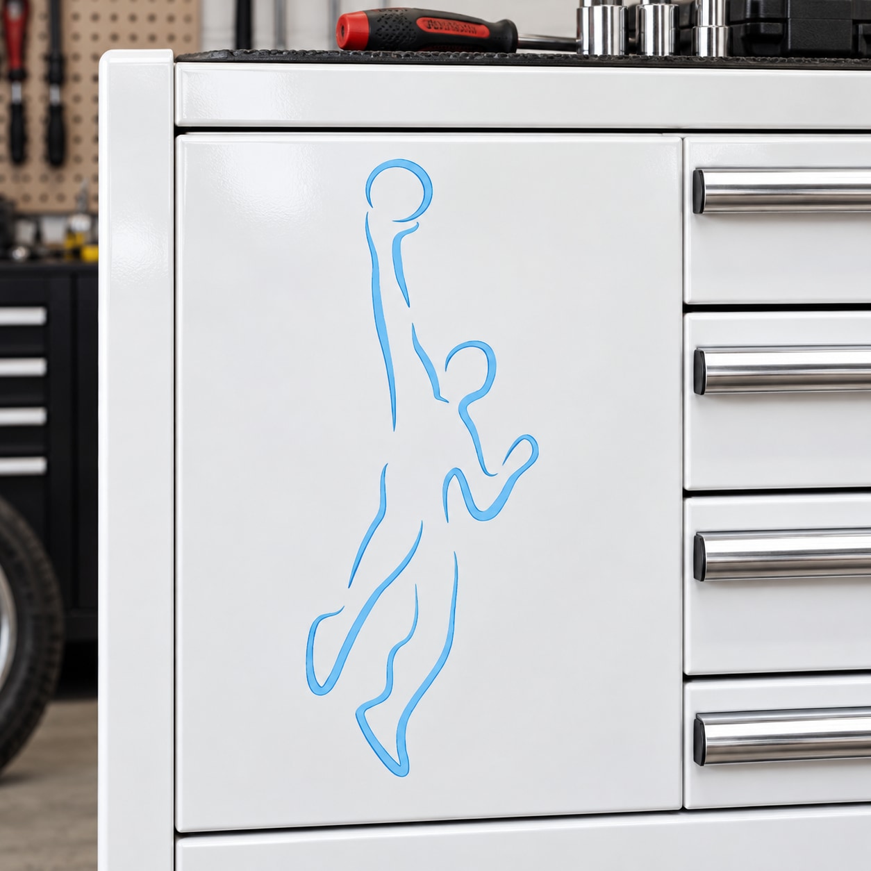 Basketball player silhouette vinyl wall decal sticker, blue on white rectangle