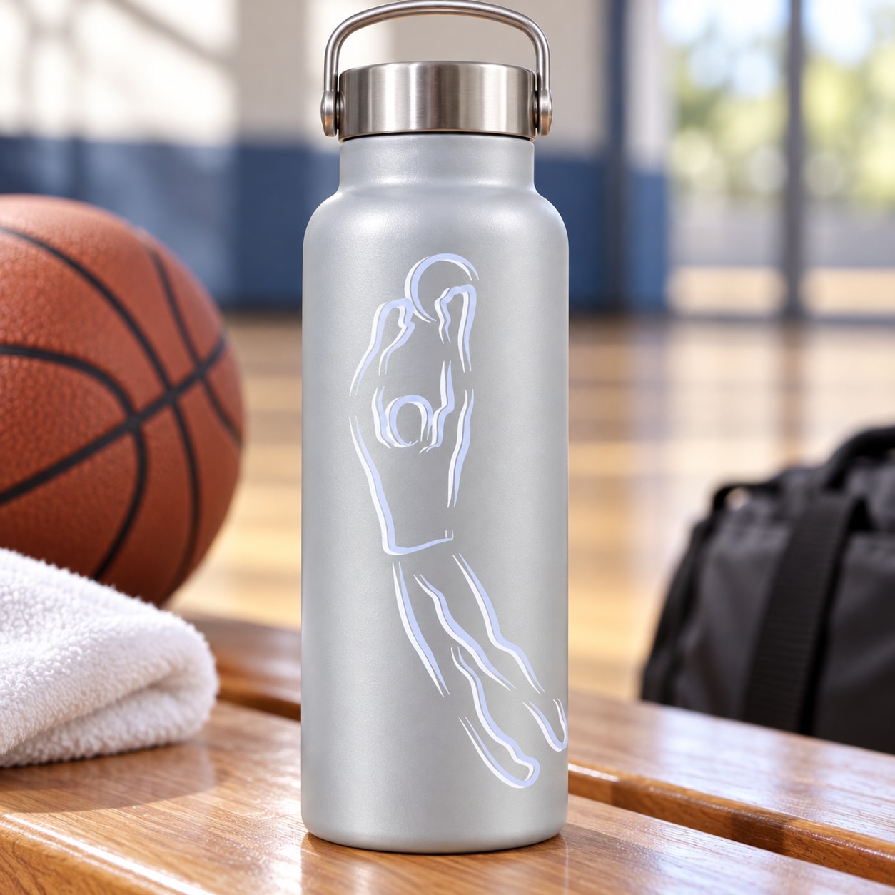 Silver water bottle with white basketball player outline vinyl decal