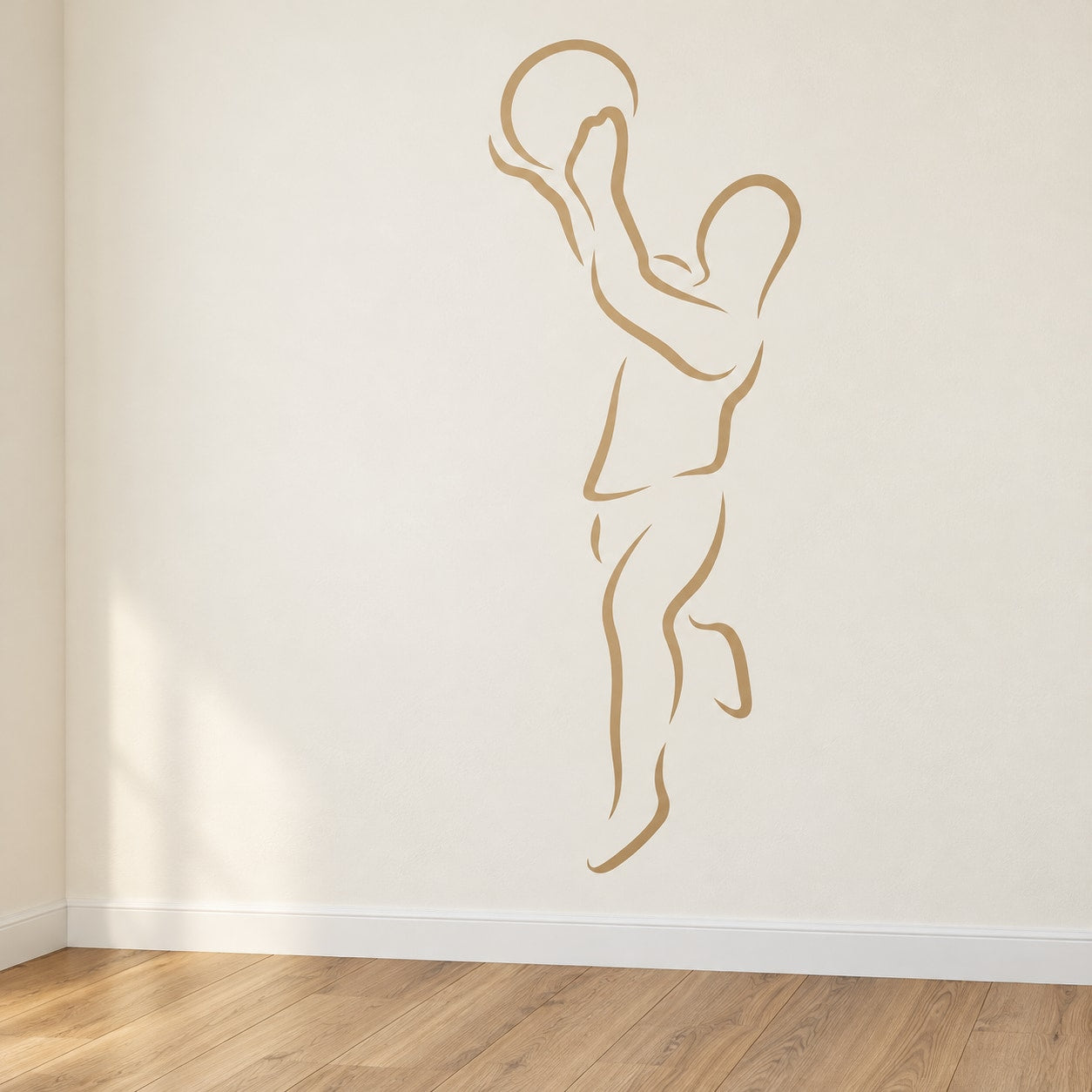 Basketball player wall decal, vinyl line-art silhouette in light tan/gold.