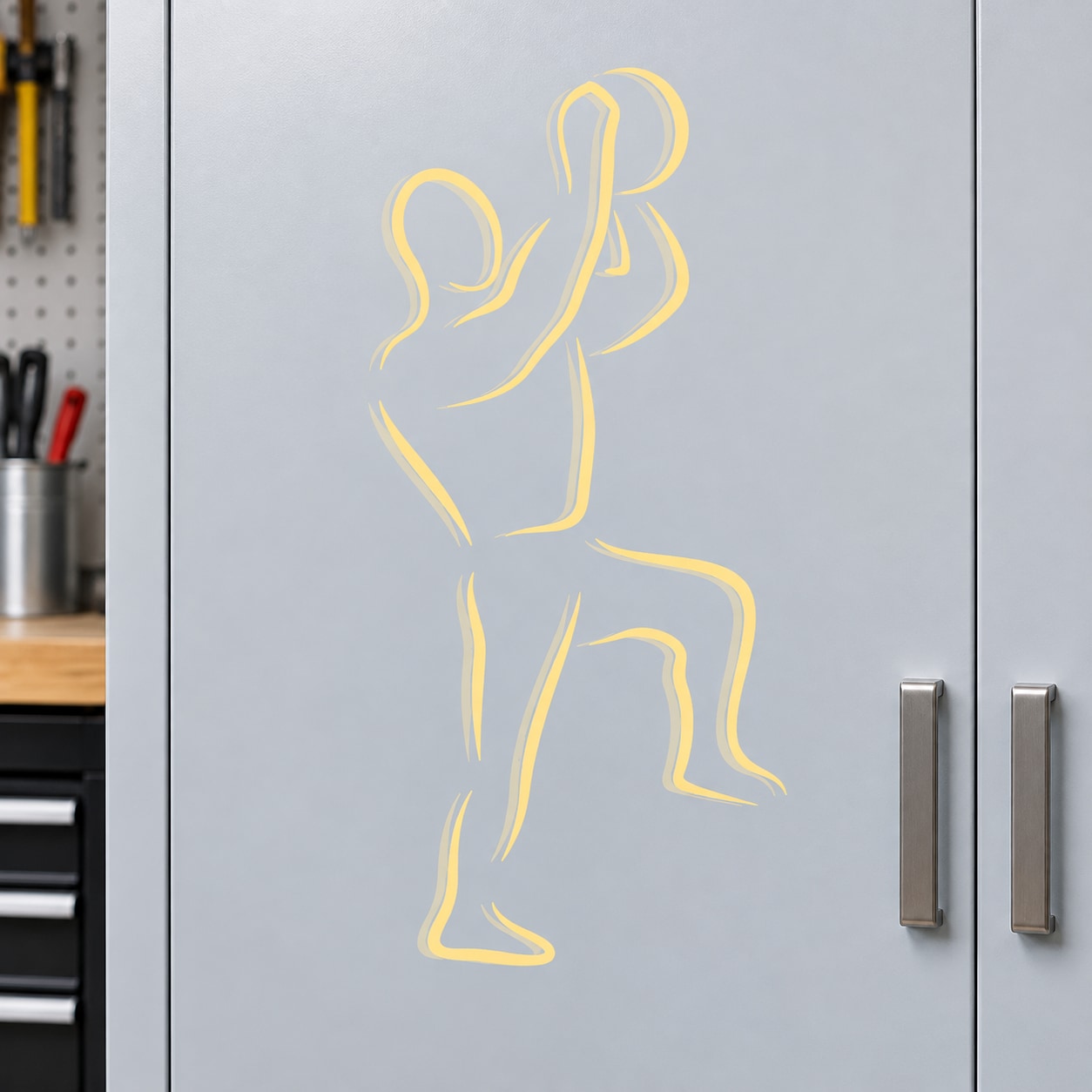 Basketball player vinyl wall decal, yellow line-art silhouette