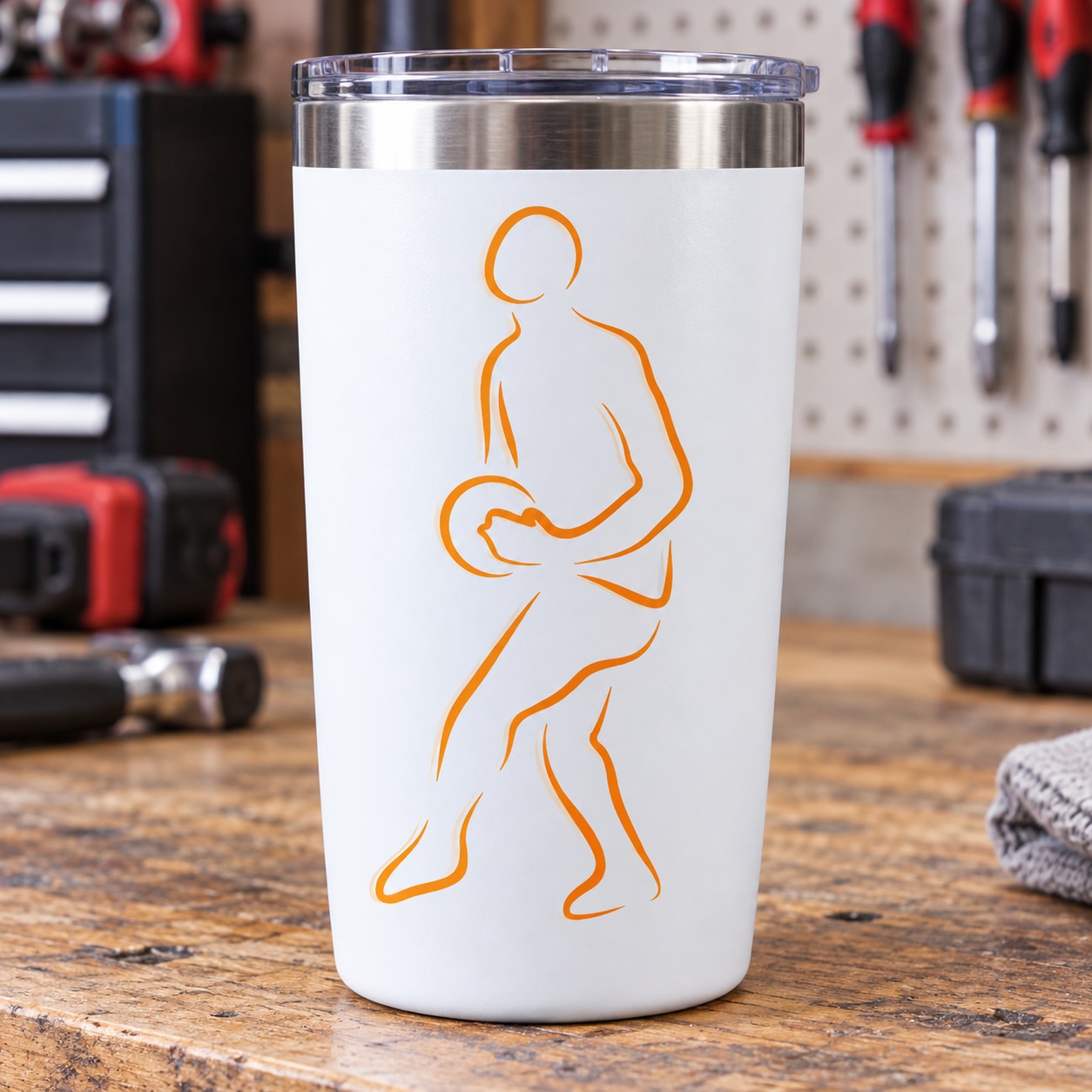 White tumbler with orange basketball player outline decal