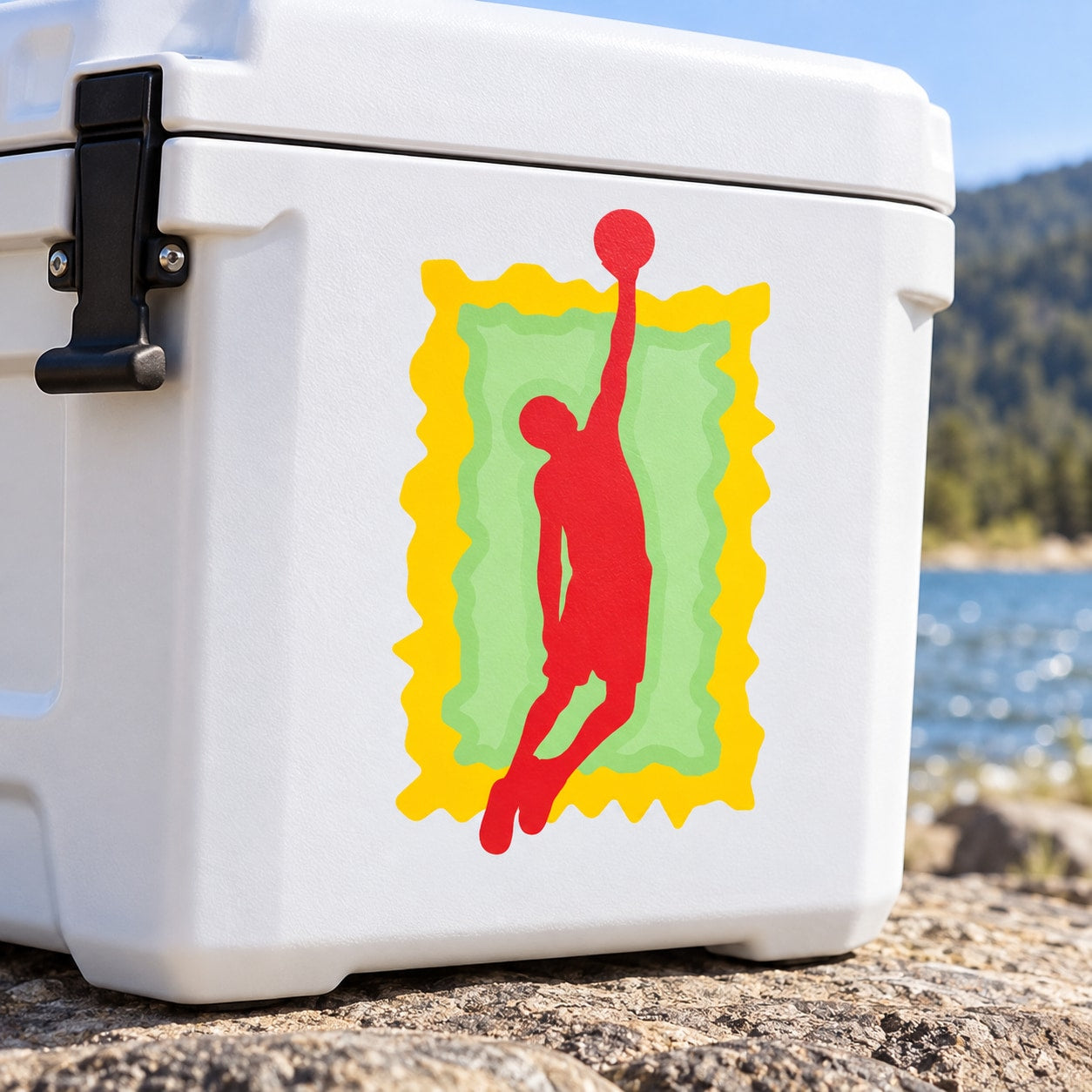 Multicolor basketball player vinyl decal sticker with red figure, yellow outline, green background