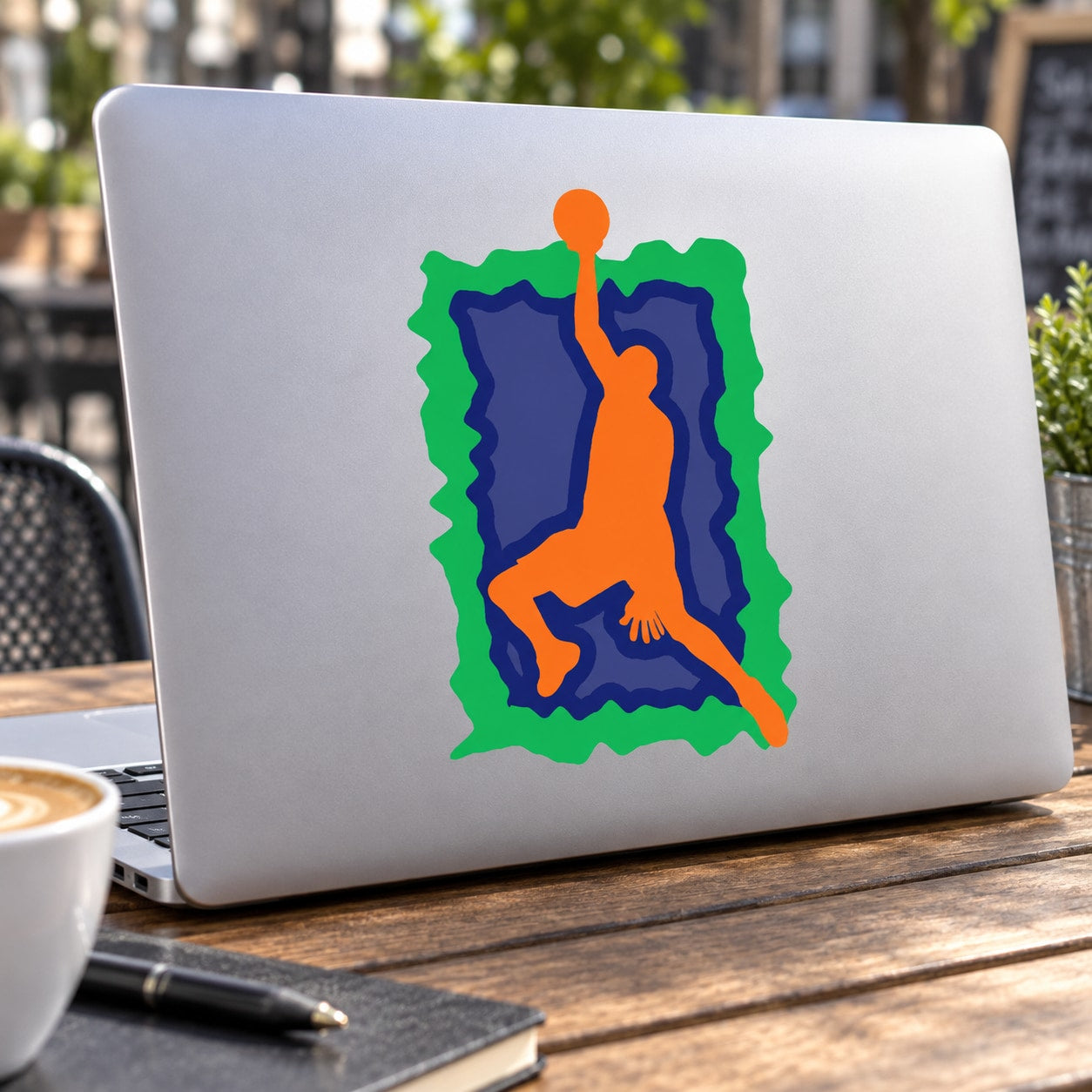 Basketball vinyl wall decal sticker with orange player silhouette in green and blue frame