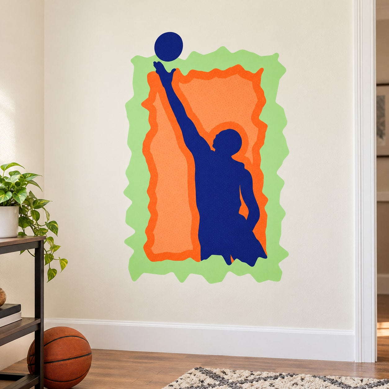 Colorful basketball player wall decal, die-cut vinyl sticker with orange and green outline