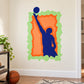 Colorful basketball player wall decal, die-cut vinyl sticker with orange and green outline