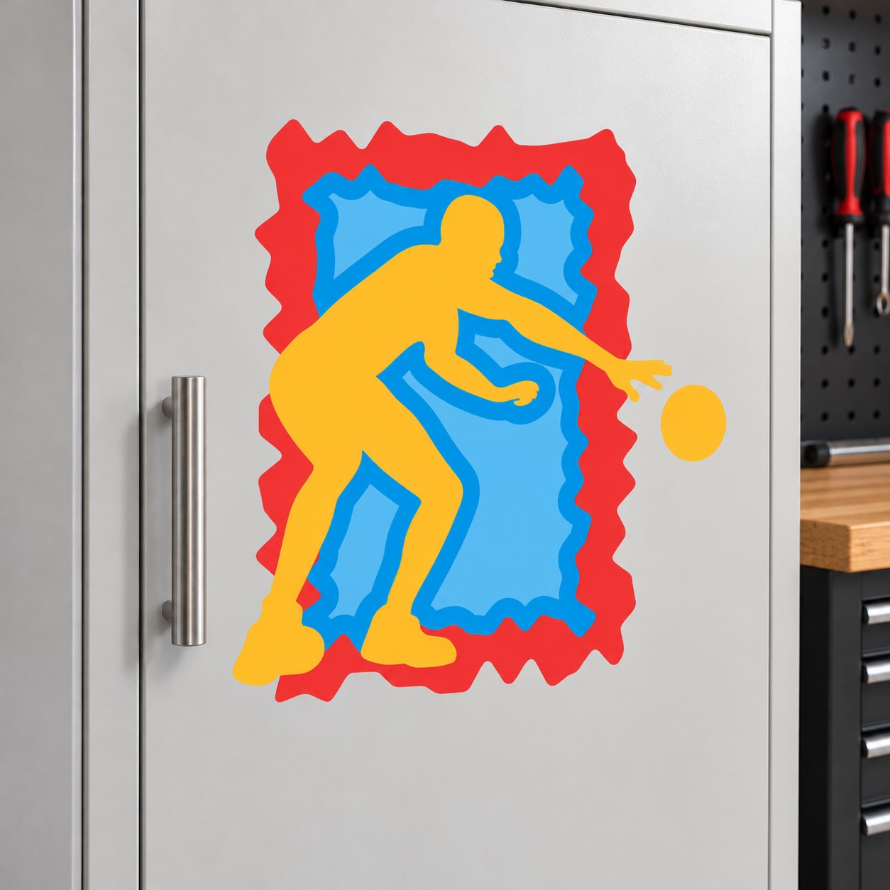 Die-cut basketball player decal sticker with red border, blue background, yellow figure