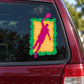 Colorful basketball player vinyl sticker: yellow and magenta figure on green frame
