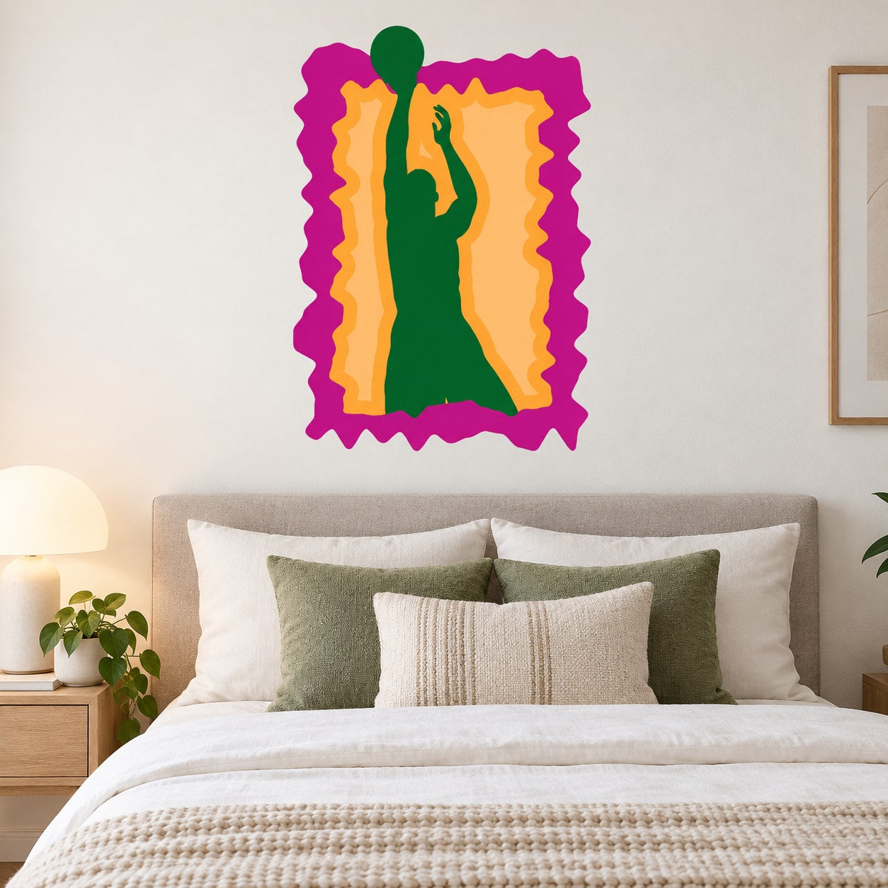 Colorful die-cut vinyl wall decal sticker with green figure and magenta border