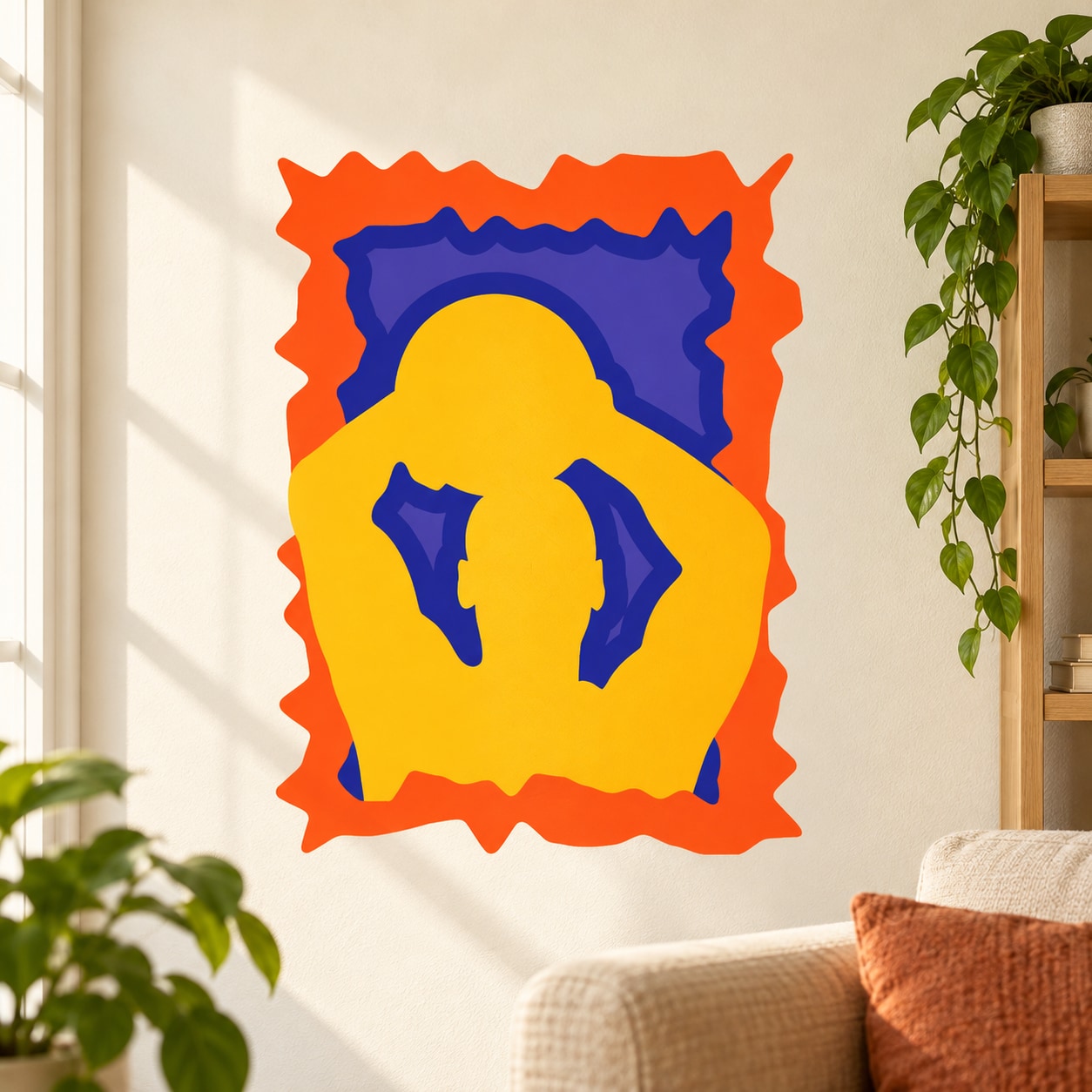 Basketball player wall decal sticker, die-cut square with orange, blue, and yellow design