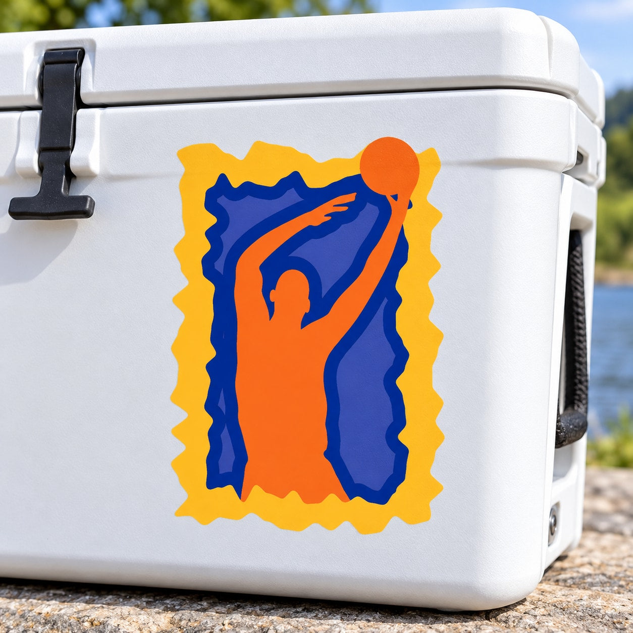 Basketball vinyl decal sticker with orange and blue dribbling player graphic