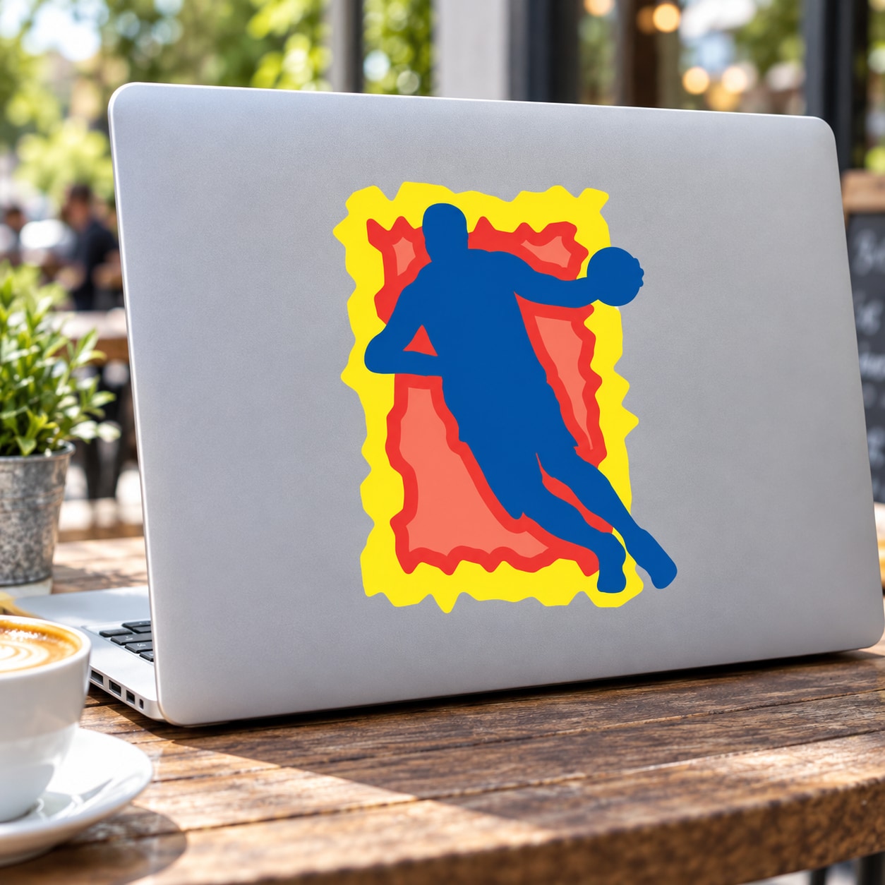 Basketball player vinyl decal sticker, colorful red blue silhouette on yellow border