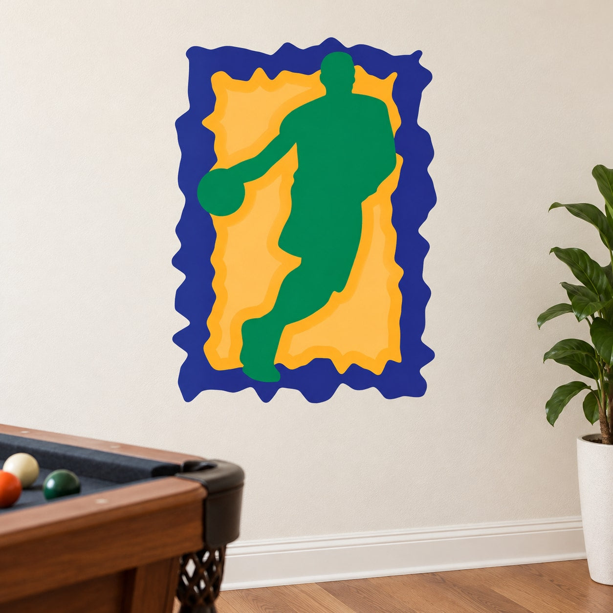 Basketball vinyl wall decal sticker with green player silhouette and blue border