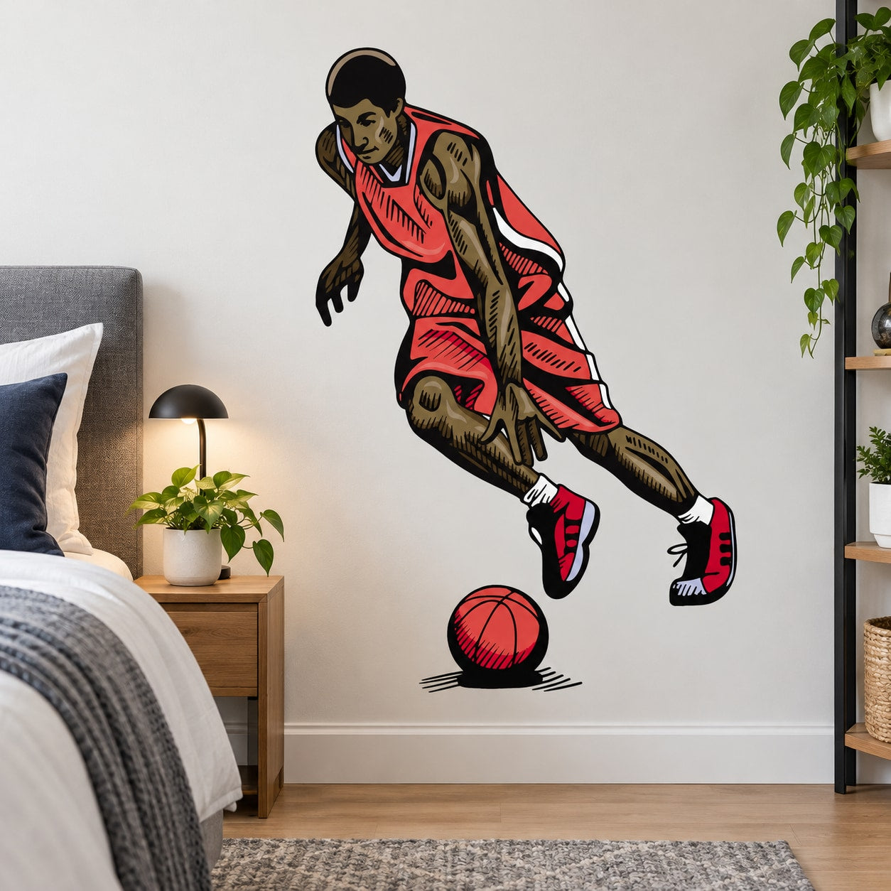 Basketball player wall decal vinyl sticker, red and black illustrated kneeling dribbler