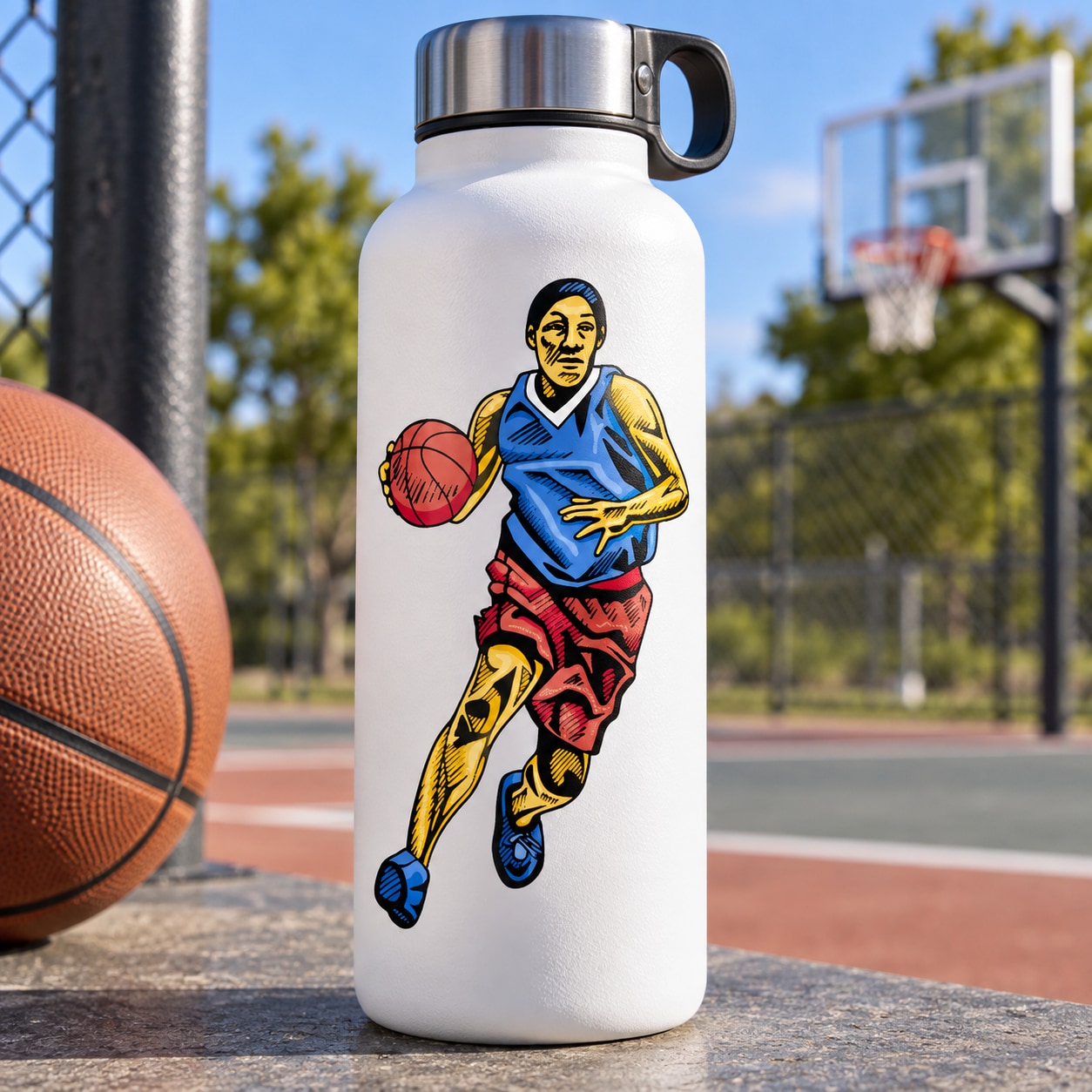 Basketball player vinyl sticker decal, illustrated athlete holding basketball
