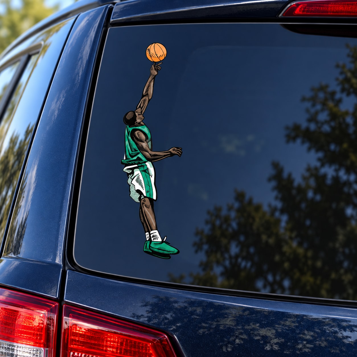 Basketball player vinyl decal sticker, green jersey holding basketball, die-cut