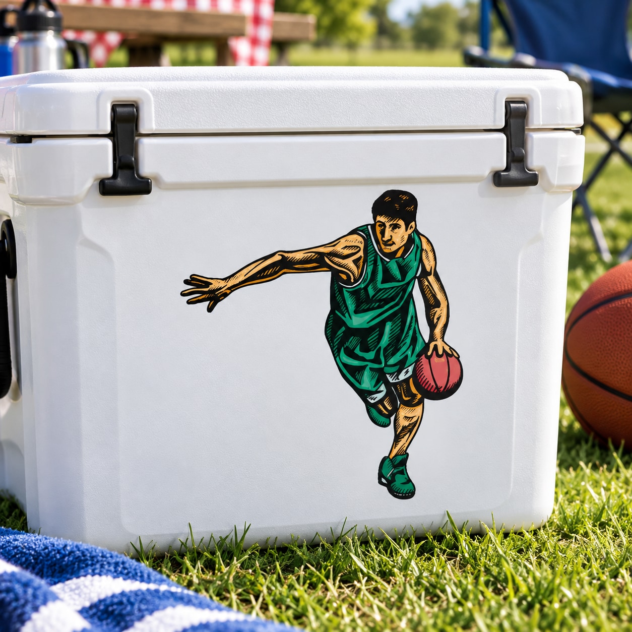 Basketball player vinyl decal sticker, die-cut cartoon athlete holding a basketball