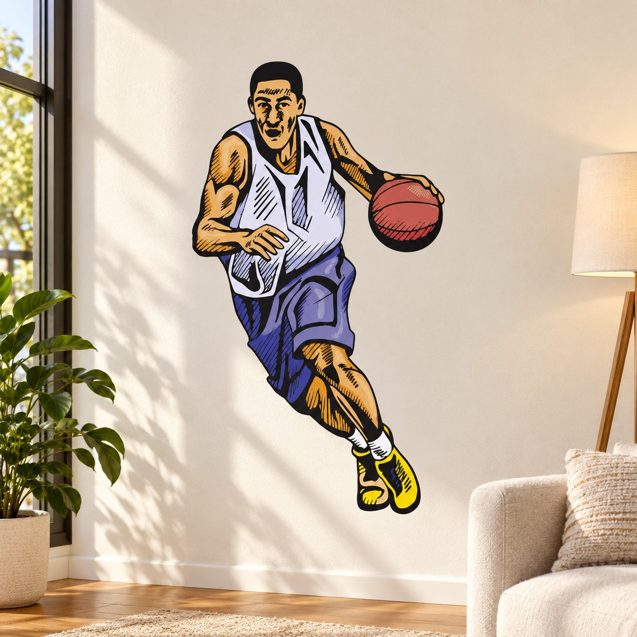 Basketball player wall decal vinyl sticker, die-cut cartoon athlete holding a basketball