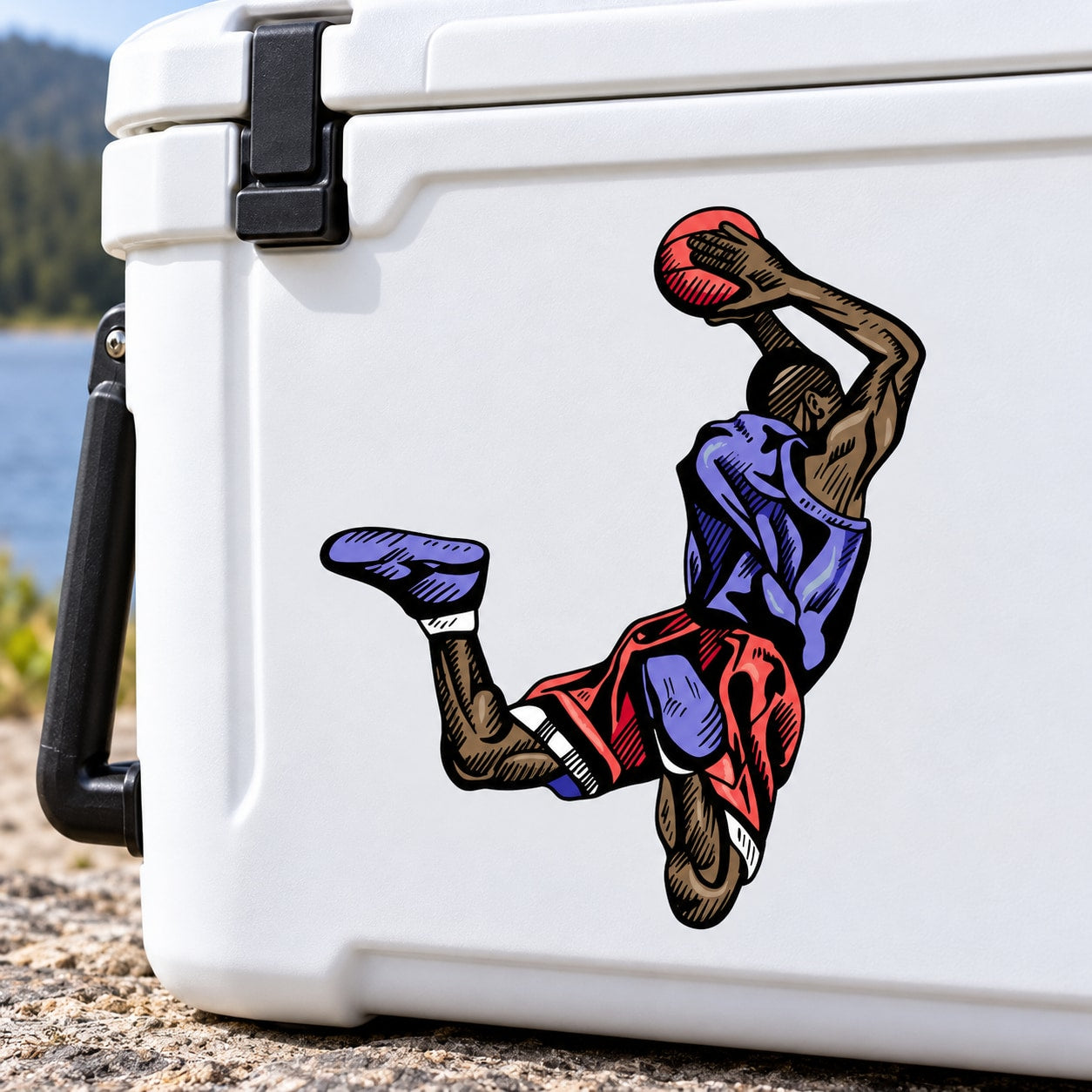 Die-cut basketball wall sticker with colorful dunking player graphic