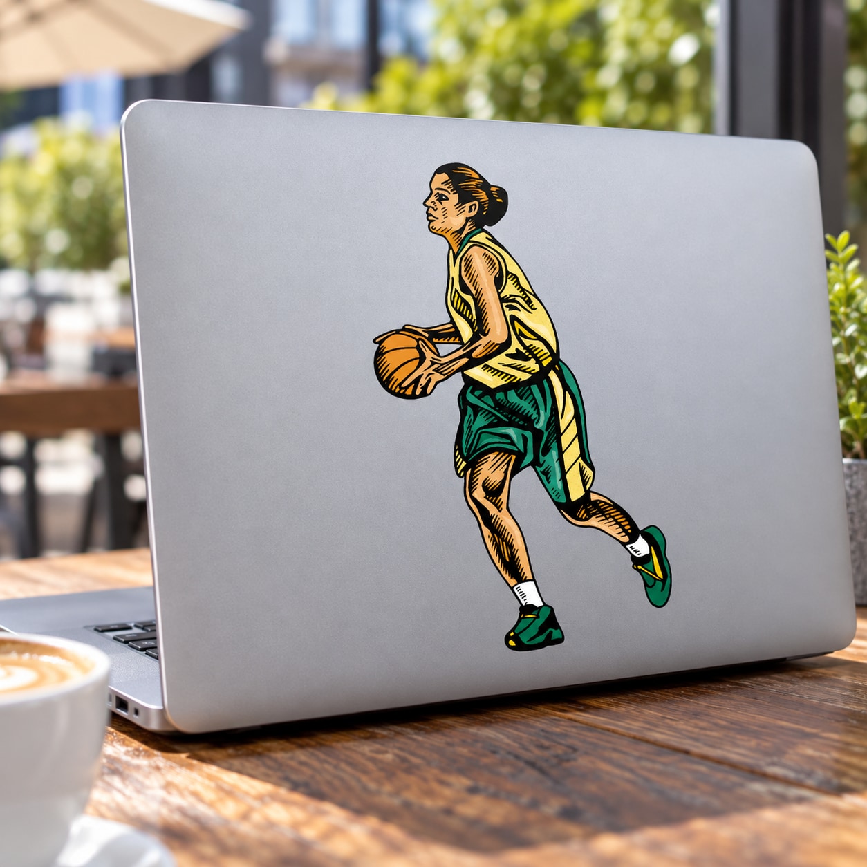 Basketball player vinyl decal sticker, die-cut hoopster graphic in green and orange