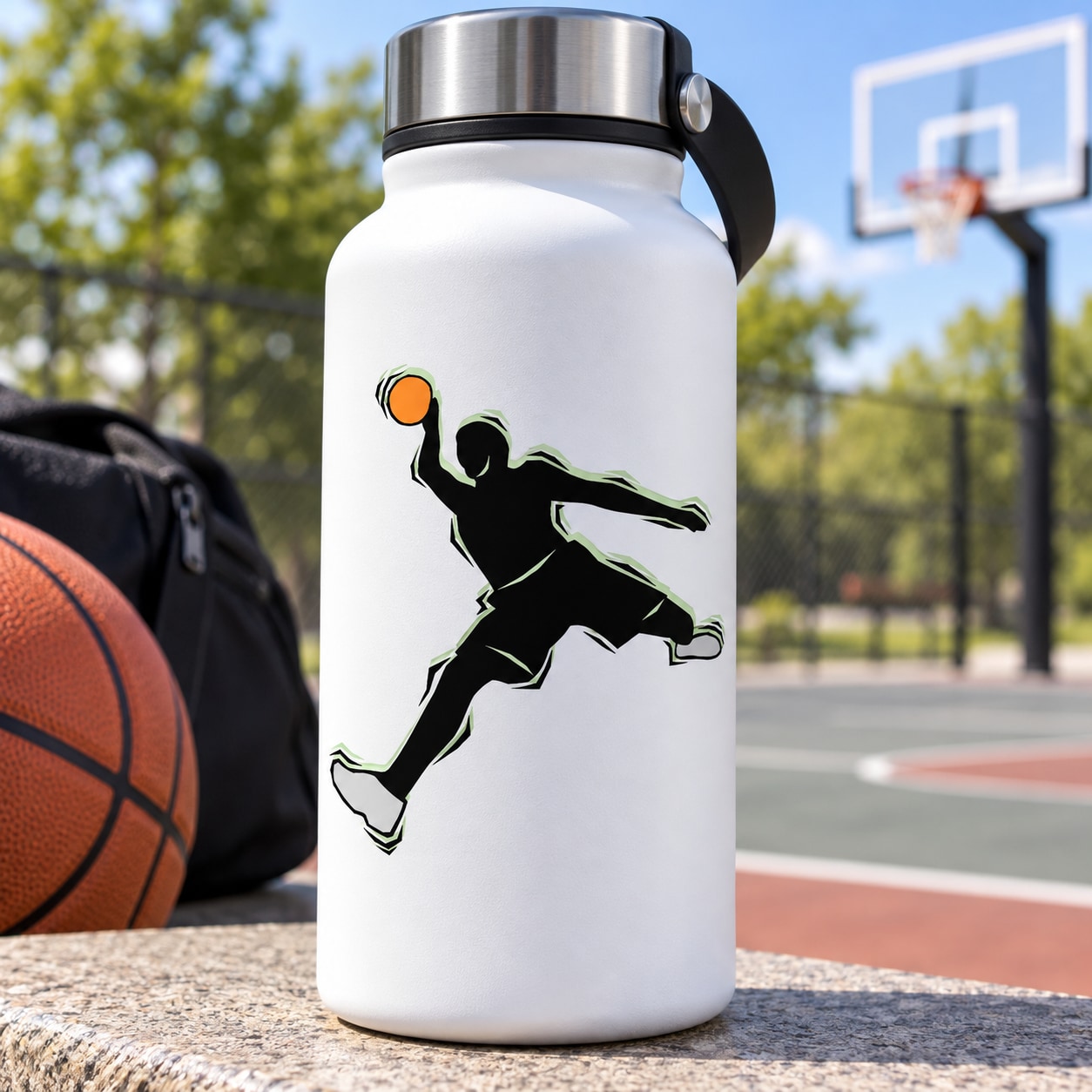 White water bottle with black and green basketball player decal