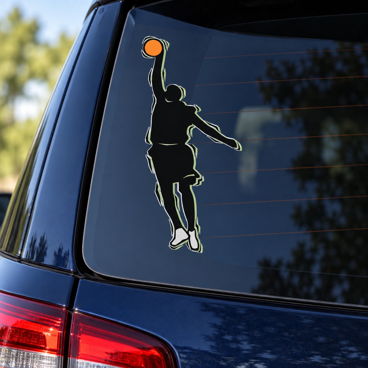 Basketball player wall decal vinyl sticker with orange basketball, black silhouette