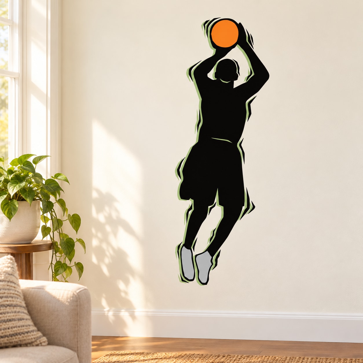Basketball player silhouette wall decal sticker with orange basketball, die-cut vinyl