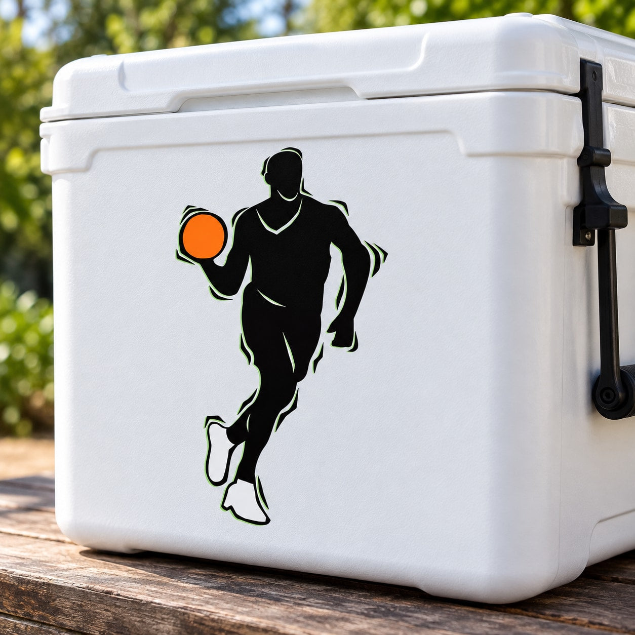 Basketball player vinyl decal sticker with orange basketball, black silhouette.