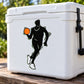 Basketball player vinyl decal sticker with orange basketball, black silhouette.
