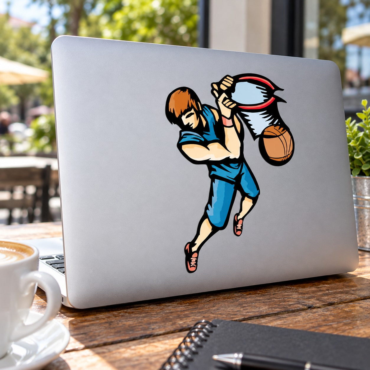 Basketball player vinyl decal sticker, orange hair blue jersey holding basketball aloft