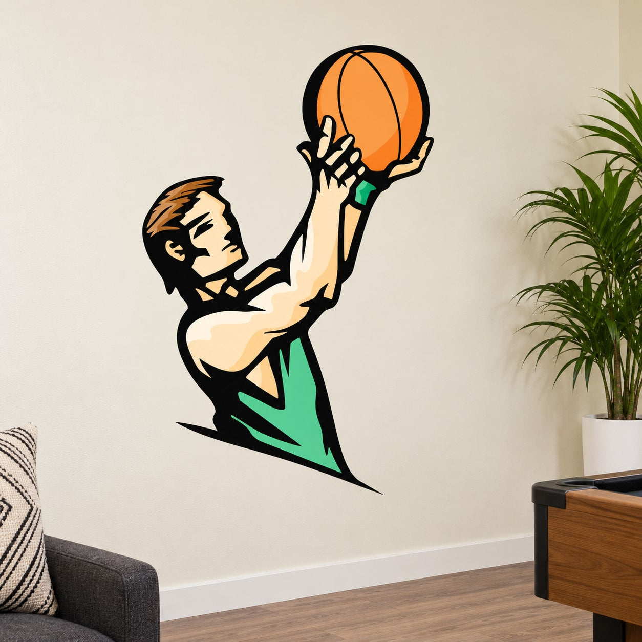Basketball wall decal vinyl sticker of player holding an orange basketball