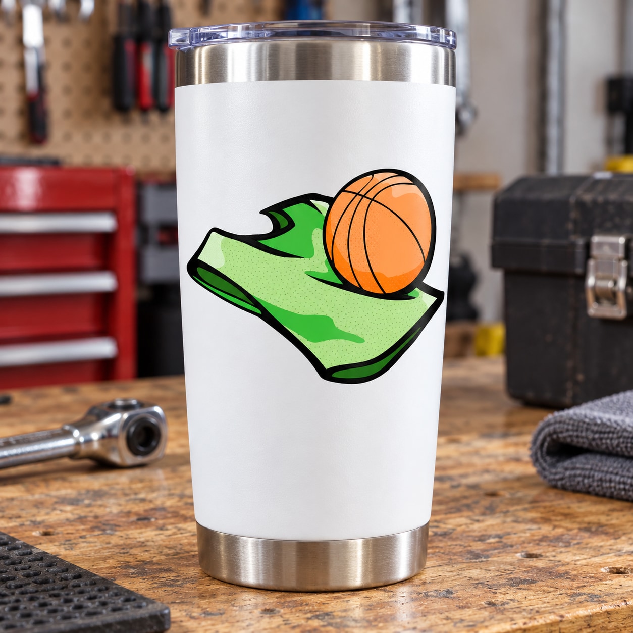Basketball vinyl sticker on white tumbler, green hand holding orange basketball