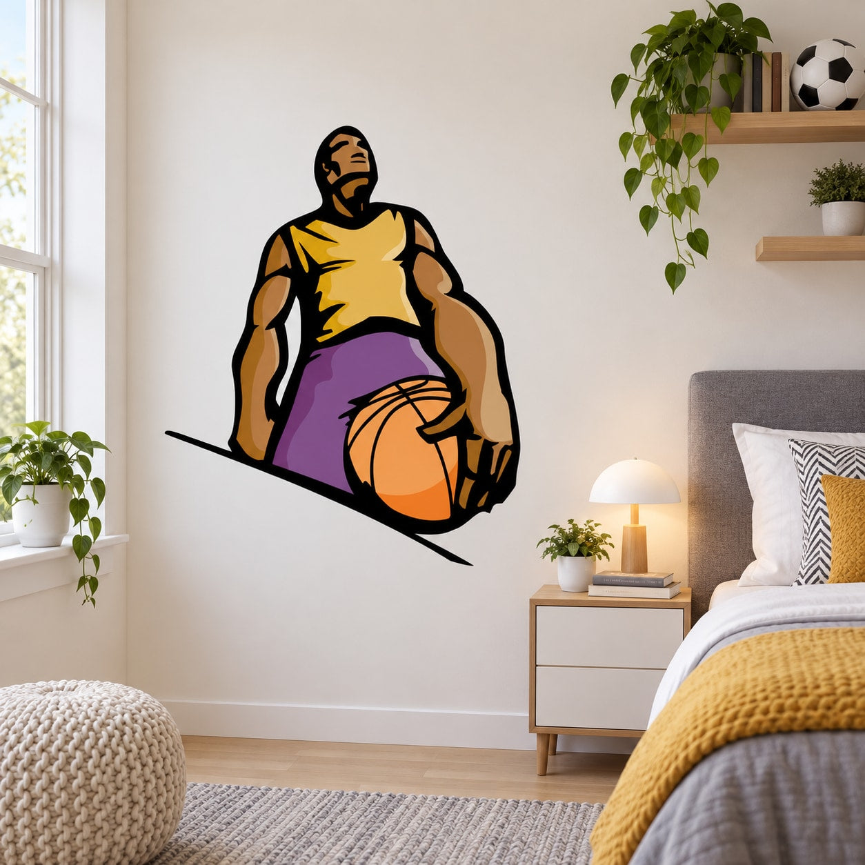 Basketball player wall decal vinyl sticker, die-cut silhouette holding a basketball