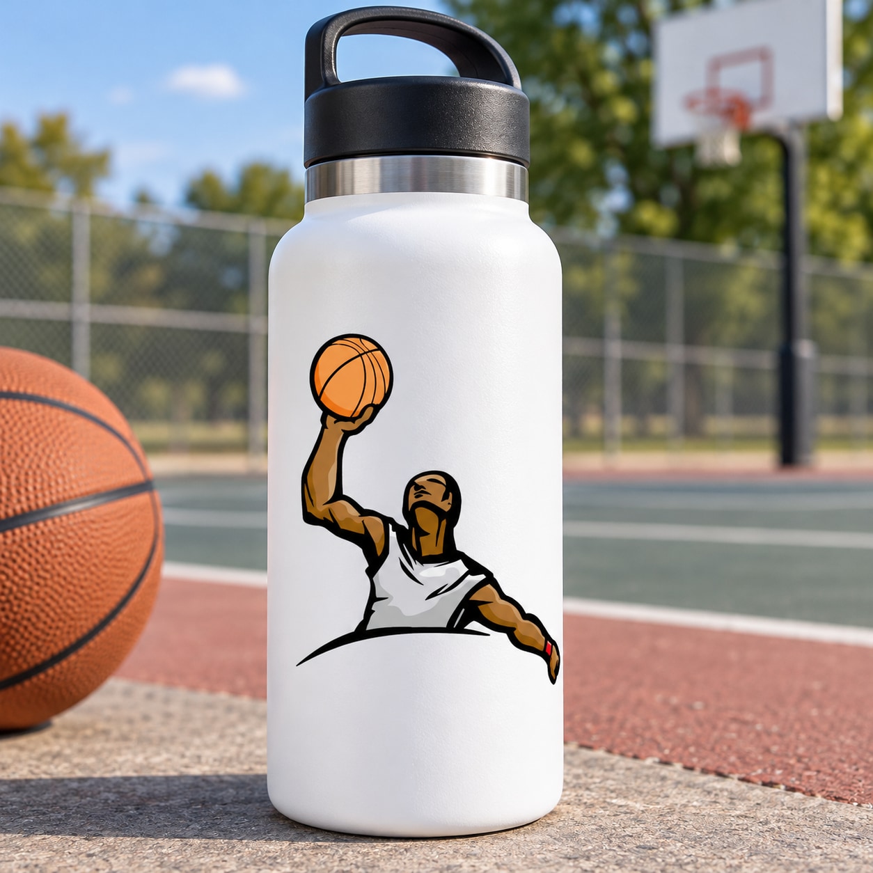 White water bottle with basketball player vinyl decal sticker on front
