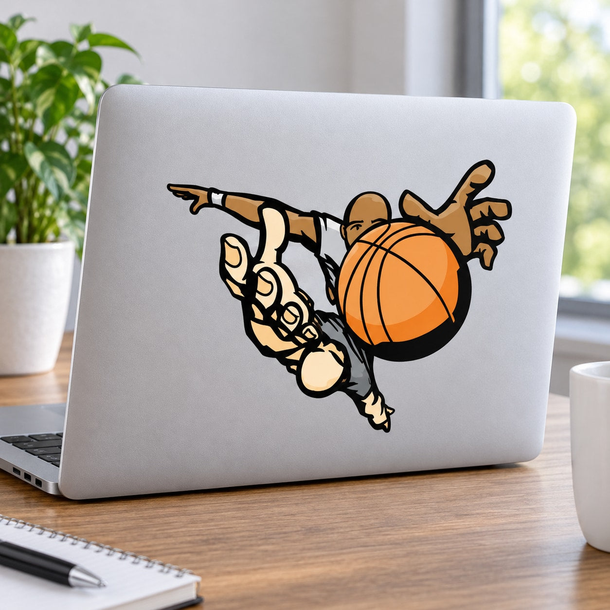Basketball wall decal vinyl sticker with orange ball and mid-air player