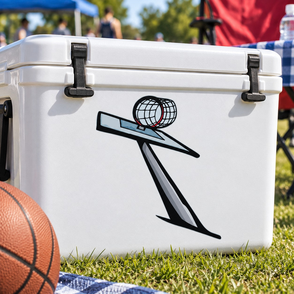 Basketball vinyl decal sticker with black hoop and red basketball graphic on white surface