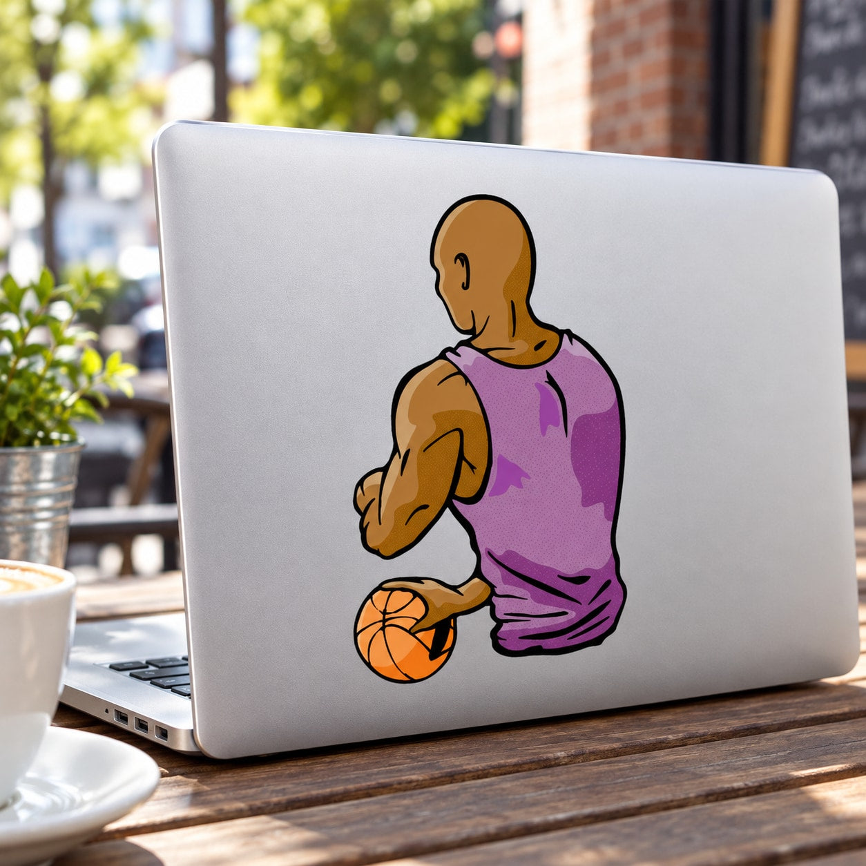 Basketball vinyl wall decal of cartoon player holding a basketball, purple jersey, die-cut sticker