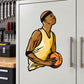 Basketball player vinyl wall decal sticker, illustrated person holding an orange basketball