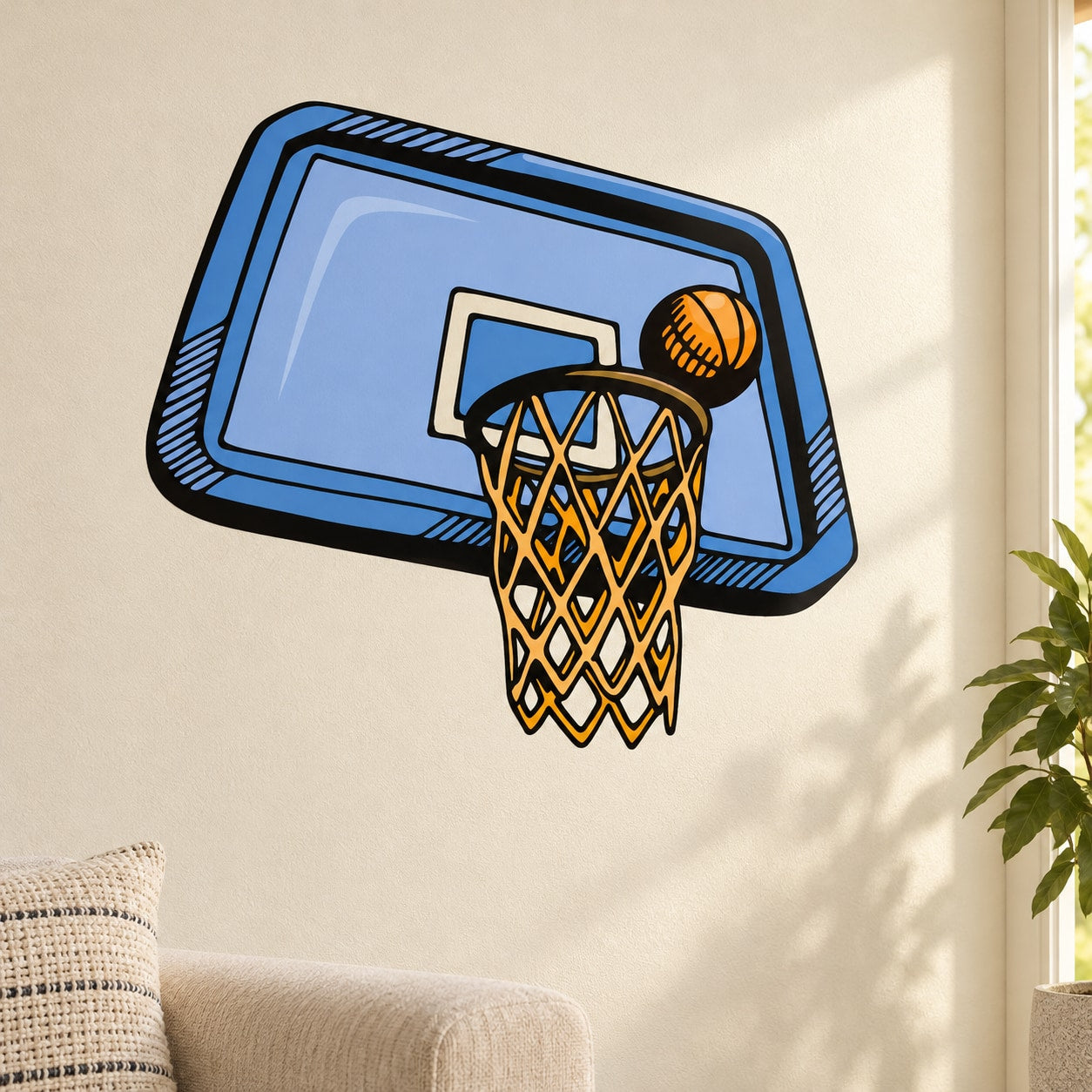 Basketball hoop vinyl wall decal with blue frame, orange ball, and black net