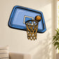 Basketball hoop vinyl wall decal with blue frame, orange ball, and black net
